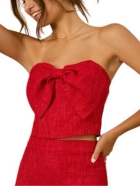 Altar'd State sz S Red Khloe tweed boucle Strapless Bow Front Coset Crop Top zip